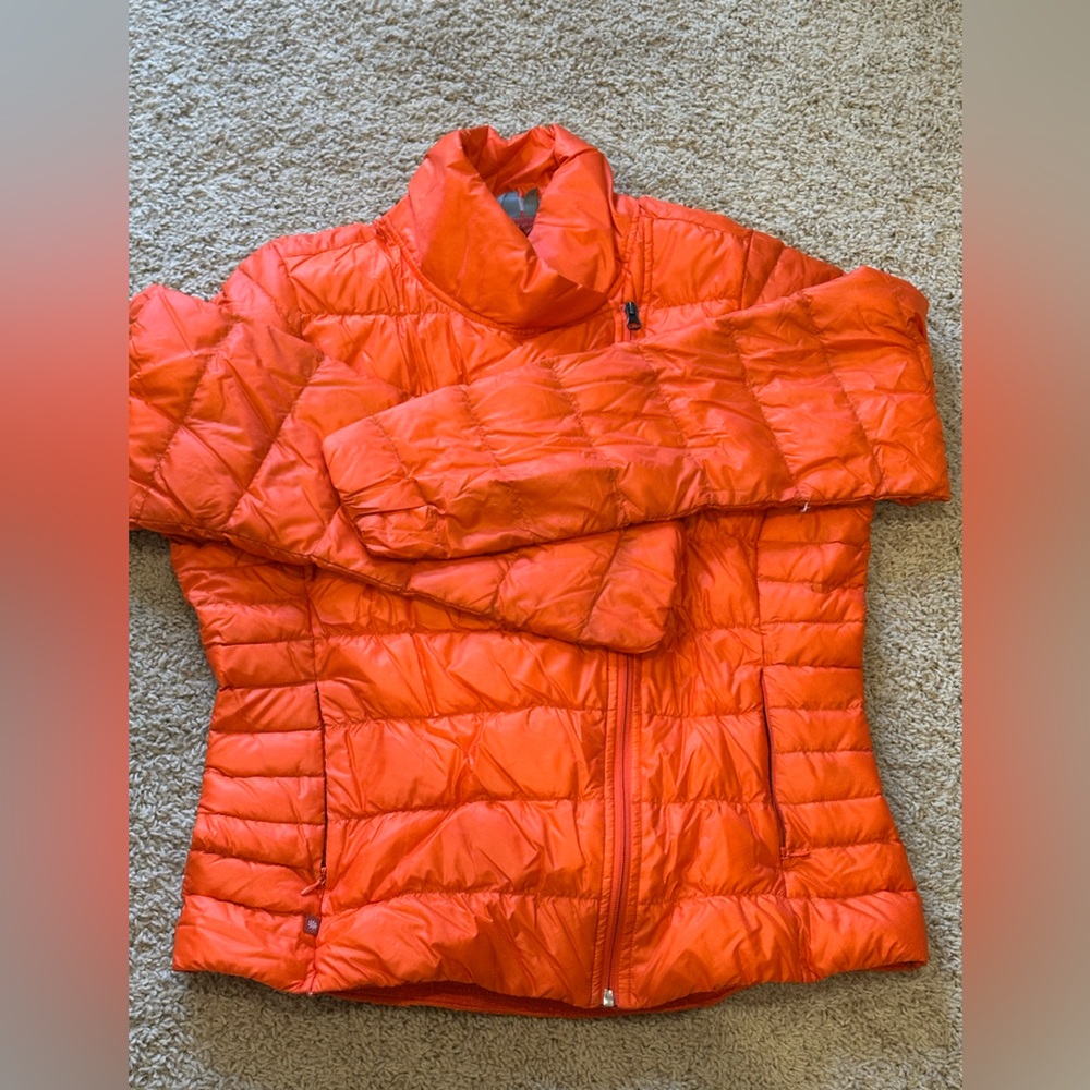 Athleta Orange Asymmetrical-Zip Puffer Jacket